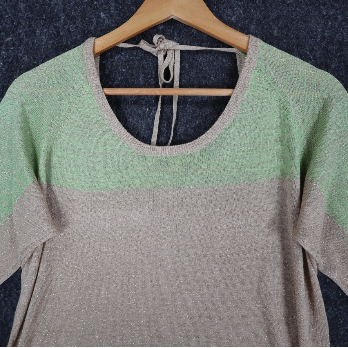 Dunner & Co Sweater Womens S Green Tan Metallic Lurex Colorblock Back Tie Top - take2supply