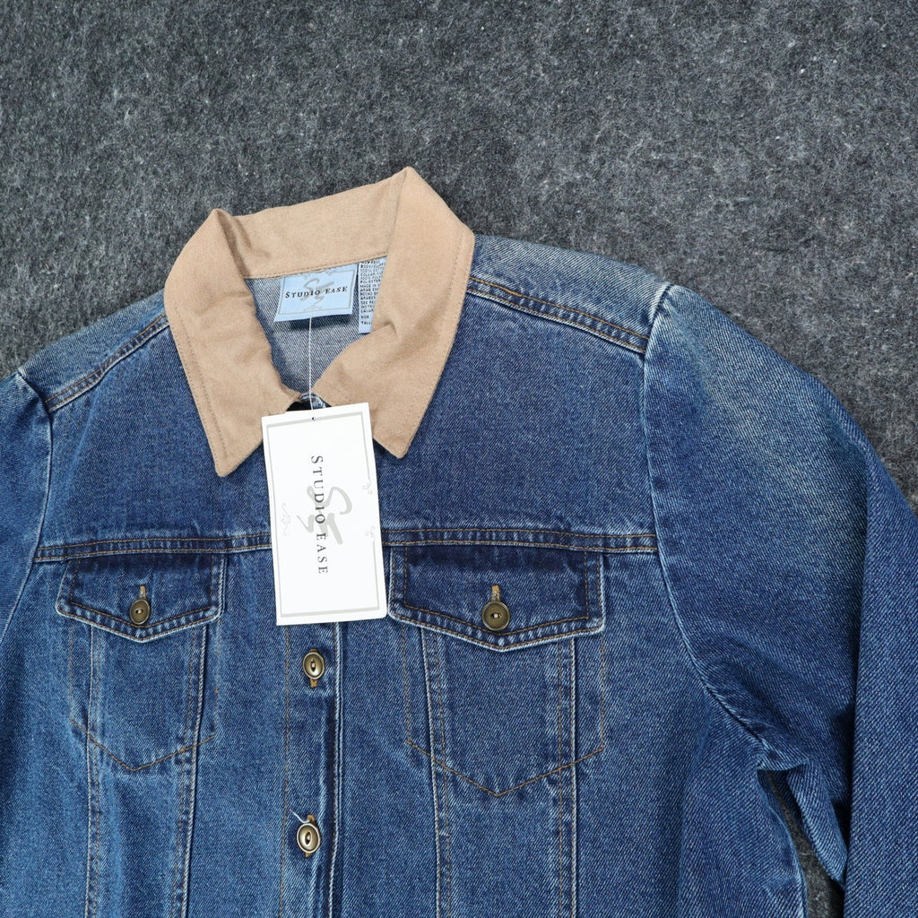 Studio Ease Denim Jacket Womens 8 Blue Cotton Faux Suede Collar WAAC77RI NWT - take2supply