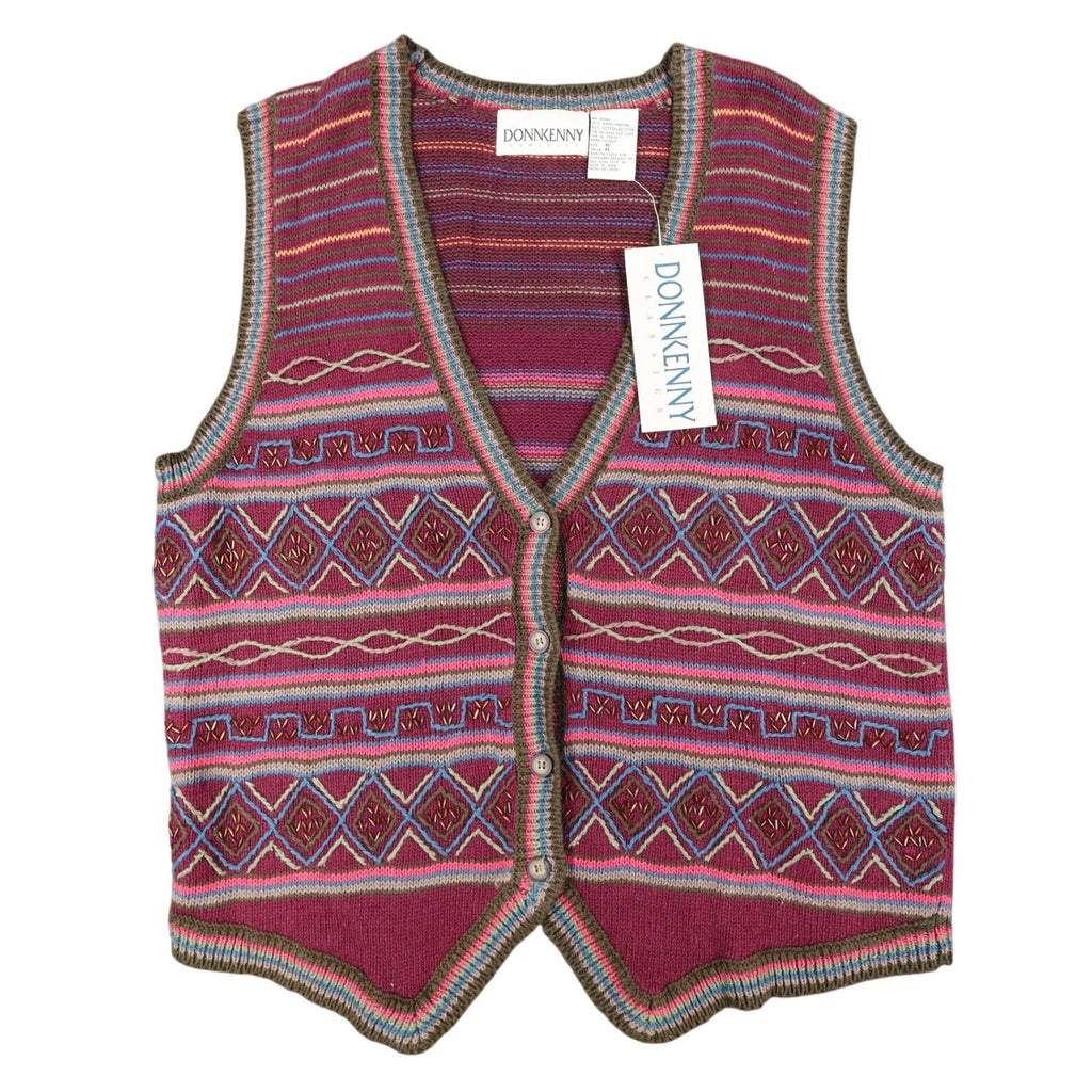 Donnkenny Sweater Vest Womens Medium Vintage 90s Burgundy Beaded Ramie Cotton - take2supply