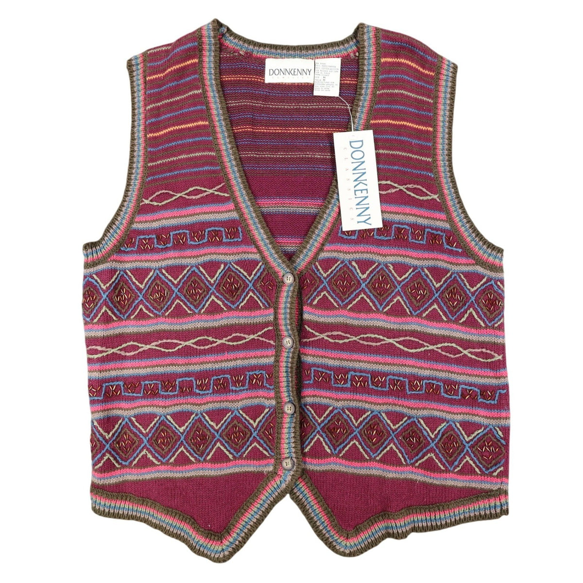Donnkenny Sweater Vest Womens Medium Vintage 90s Burgundy Beaded Ramie Cotton - take2supply