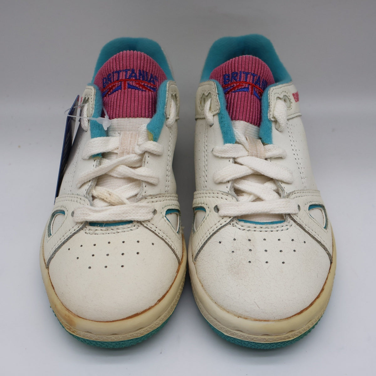 Brittania Sneakers Kids Size 1.5 Vintage 80s White Leather Teal Pink B98543G - take2supply