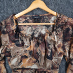 AGB Blouse Womens Small Brown Tan Abstract Floral Ruffle Neck Balloon Sleeve NEW - take2supply
