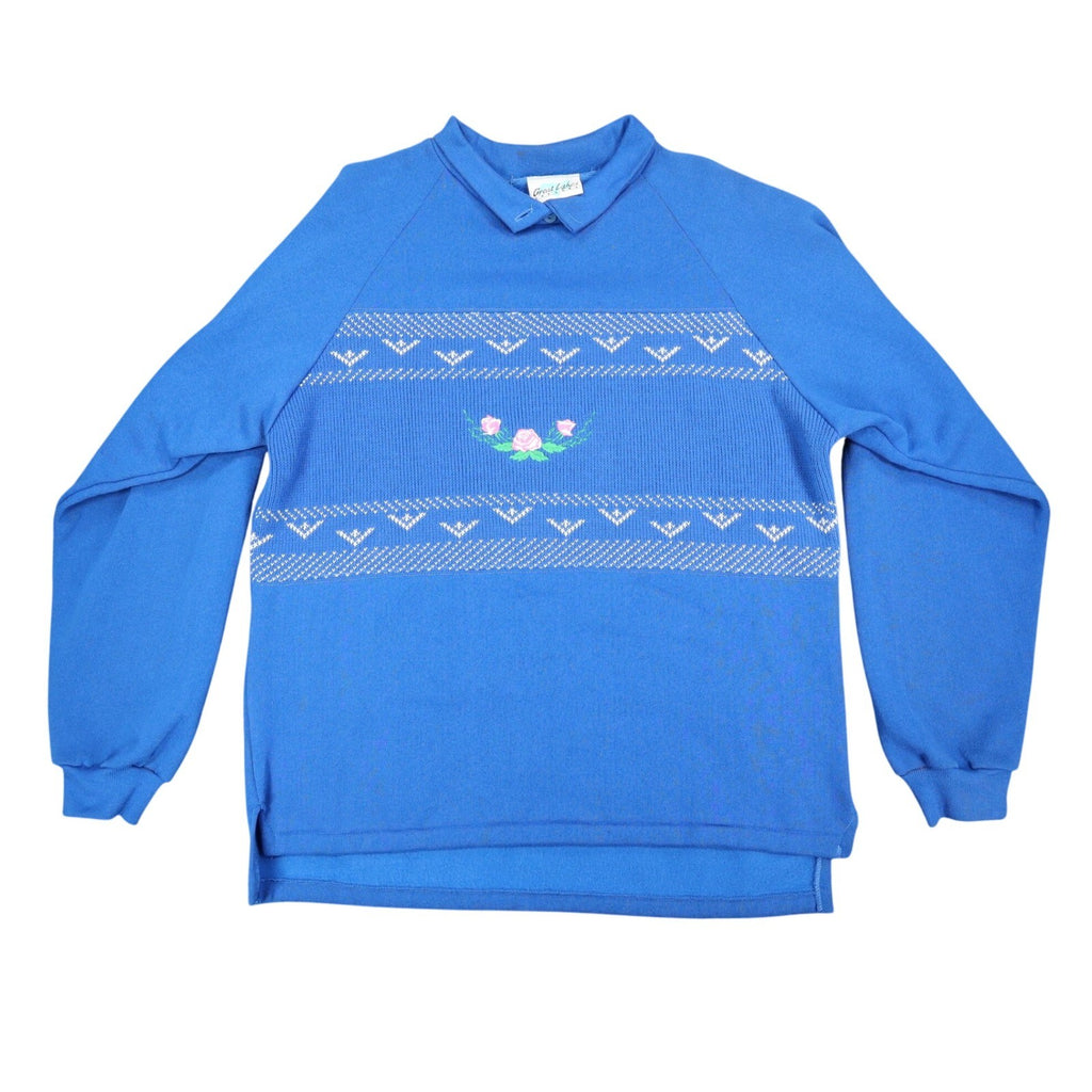 Great Lakes Apparel Sweatshirt Womens Medium Vintage 90s Blue Floral Embroidered - take2supply