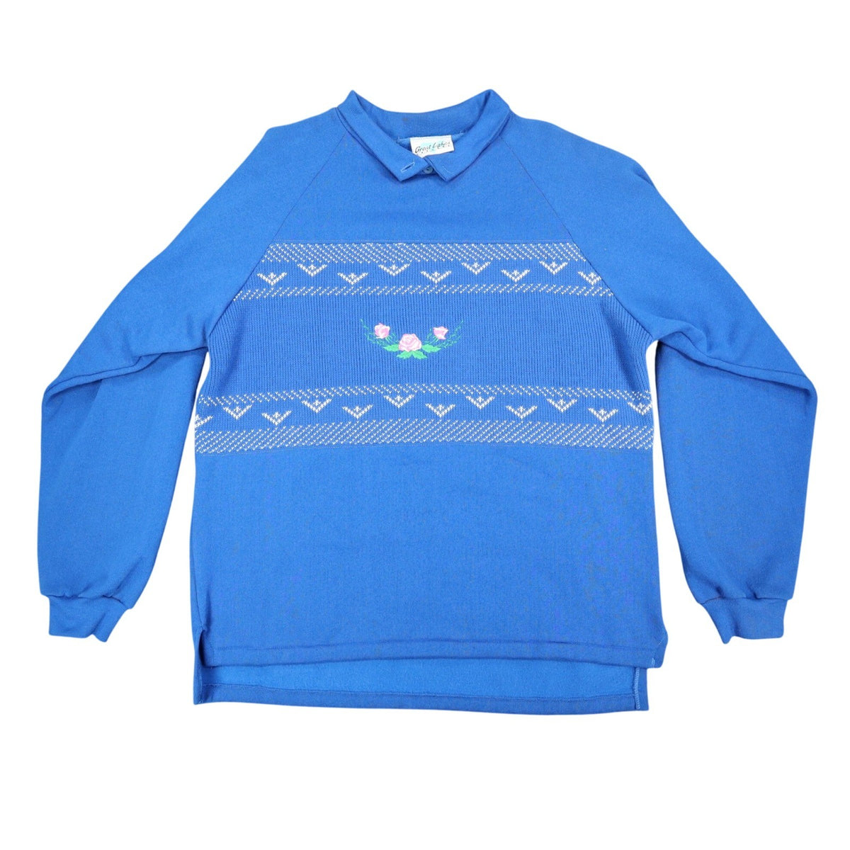Great Lakes Apparel Sweatshirt Womens Medium Vintage 90s Blue Floral Embroidered - take2supply