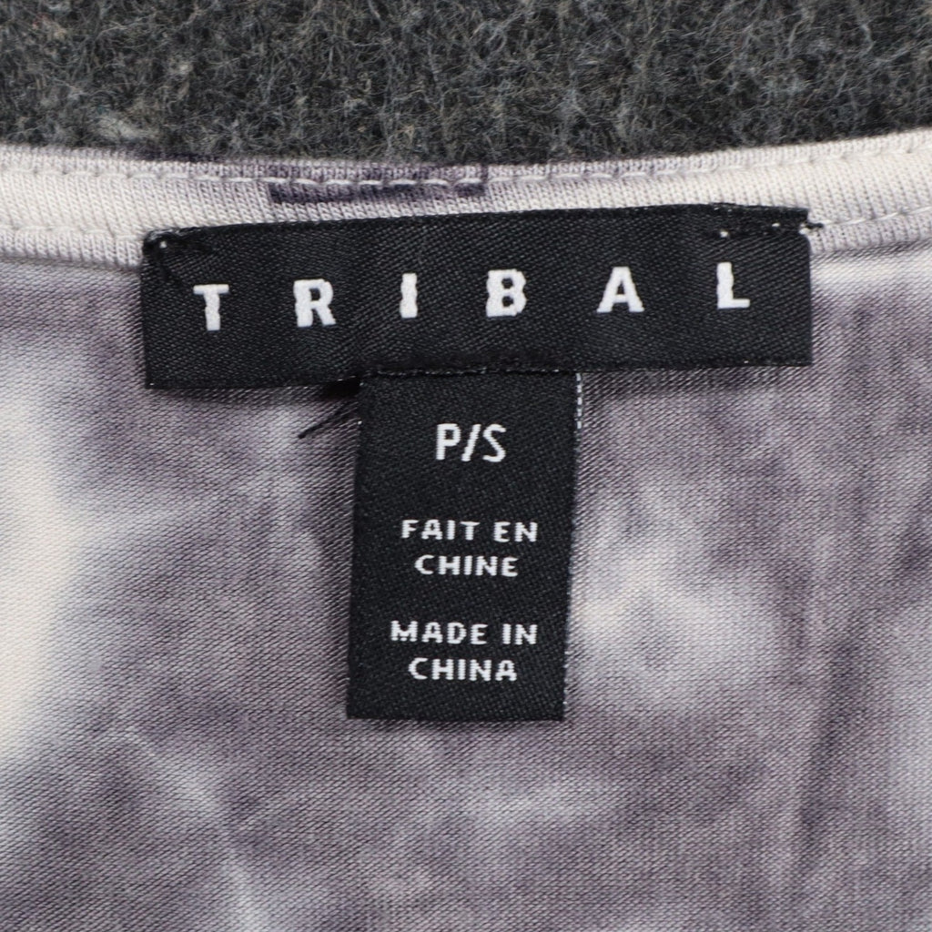 Tribal Cold Shoulder Top Womens Small Gray White Tie Dye Rayon Stretch V-Neck - take2supply