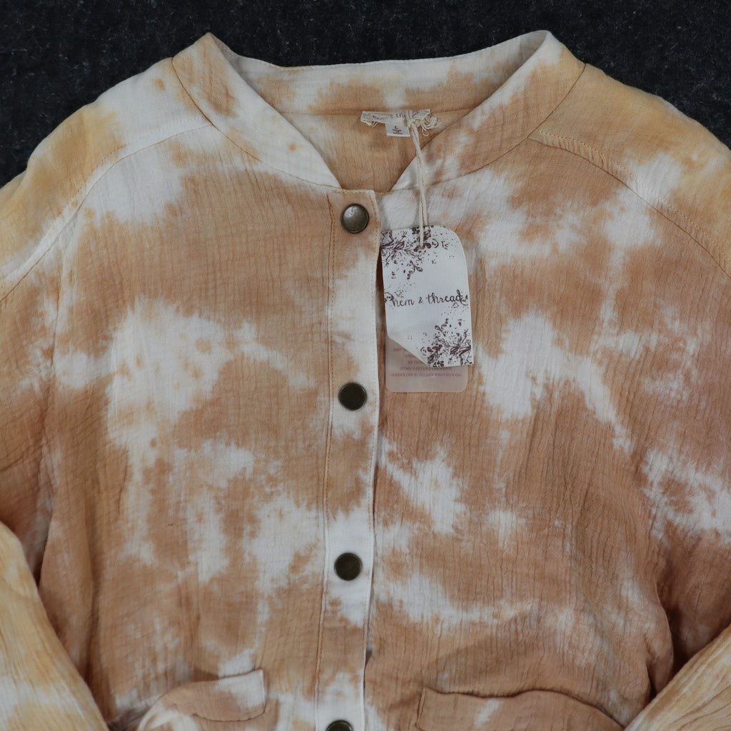 Hem & Thread Womens L Tan Cream Tie Dye Cotton Gauze Snap Bomber Jacket NWT - take2supply