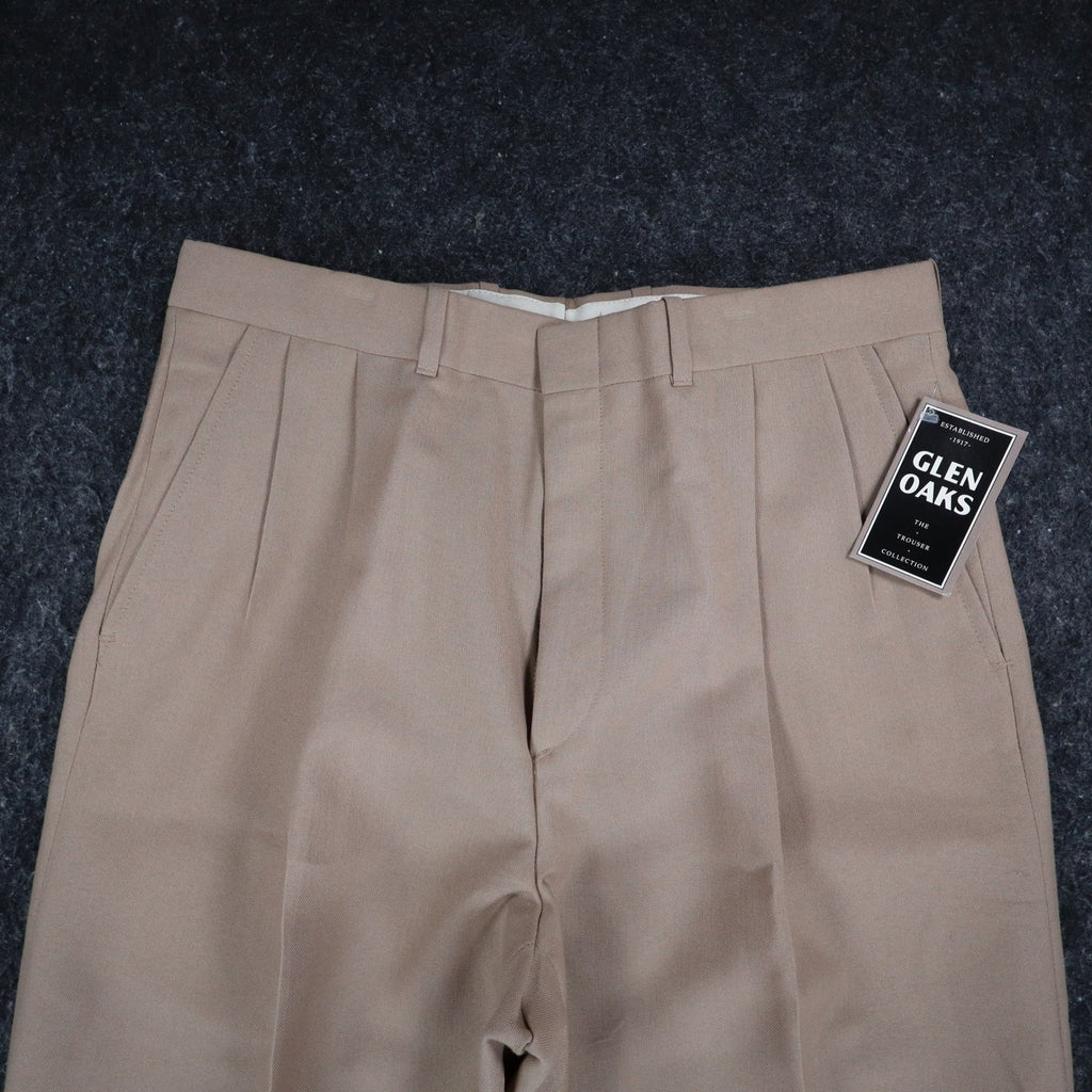 Glen Oaks Dress Pants Mens 34 Vintage 70s Tan Pleated Deadstock Polyester Slacks - take2supply