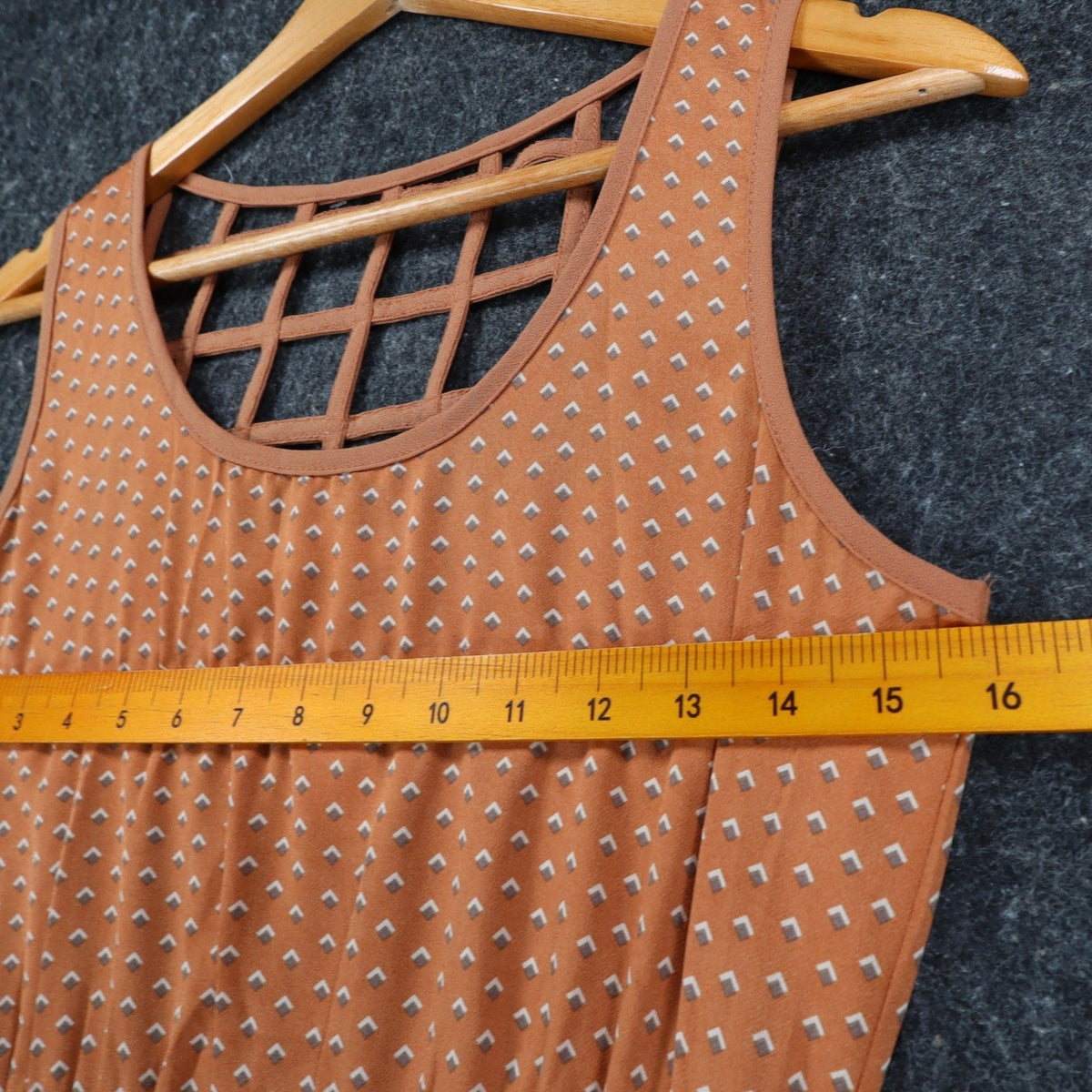 Blu Pepper Sleeveless Dress Small Rust Orange Lattice Cage Back Geometric Print - take2supply
