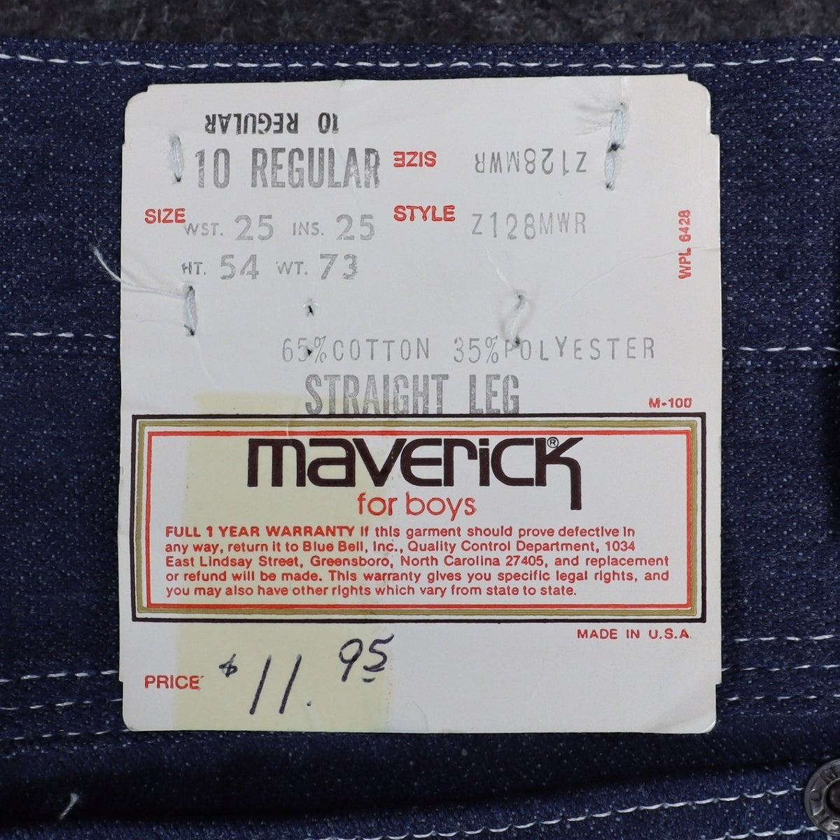Maverick Straight Leg Jeans Boys 10 Reg Vintage Blue Cotton Blend Deadstock USA - take2supply