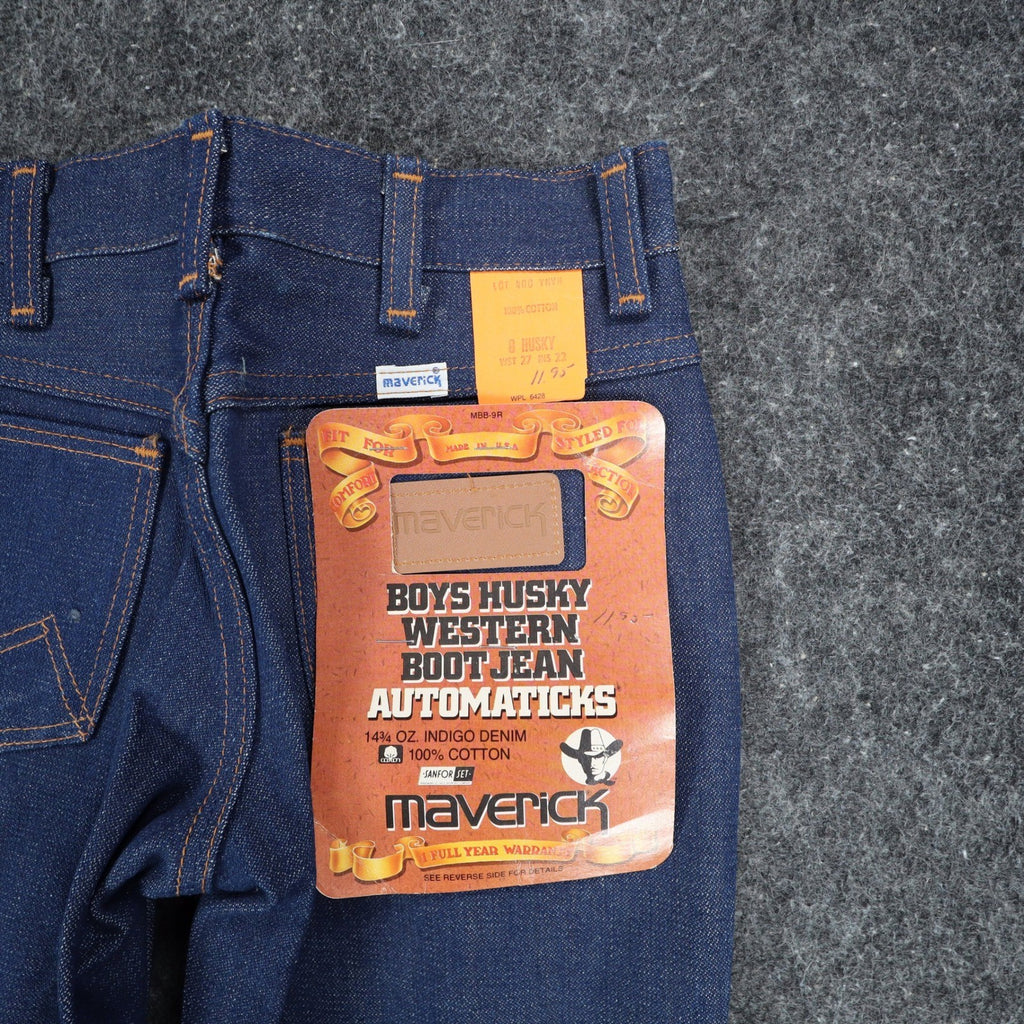 Maverick Western Boot Jean Boys 8 Husky Vintage 70s Deadstock Indigo Denim USA - take2supply