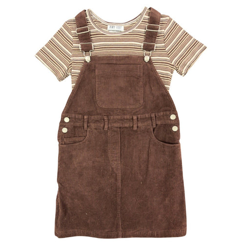 Brown Amy Too corduroy jumper dress with striped short-sleeve top, front view on hanger