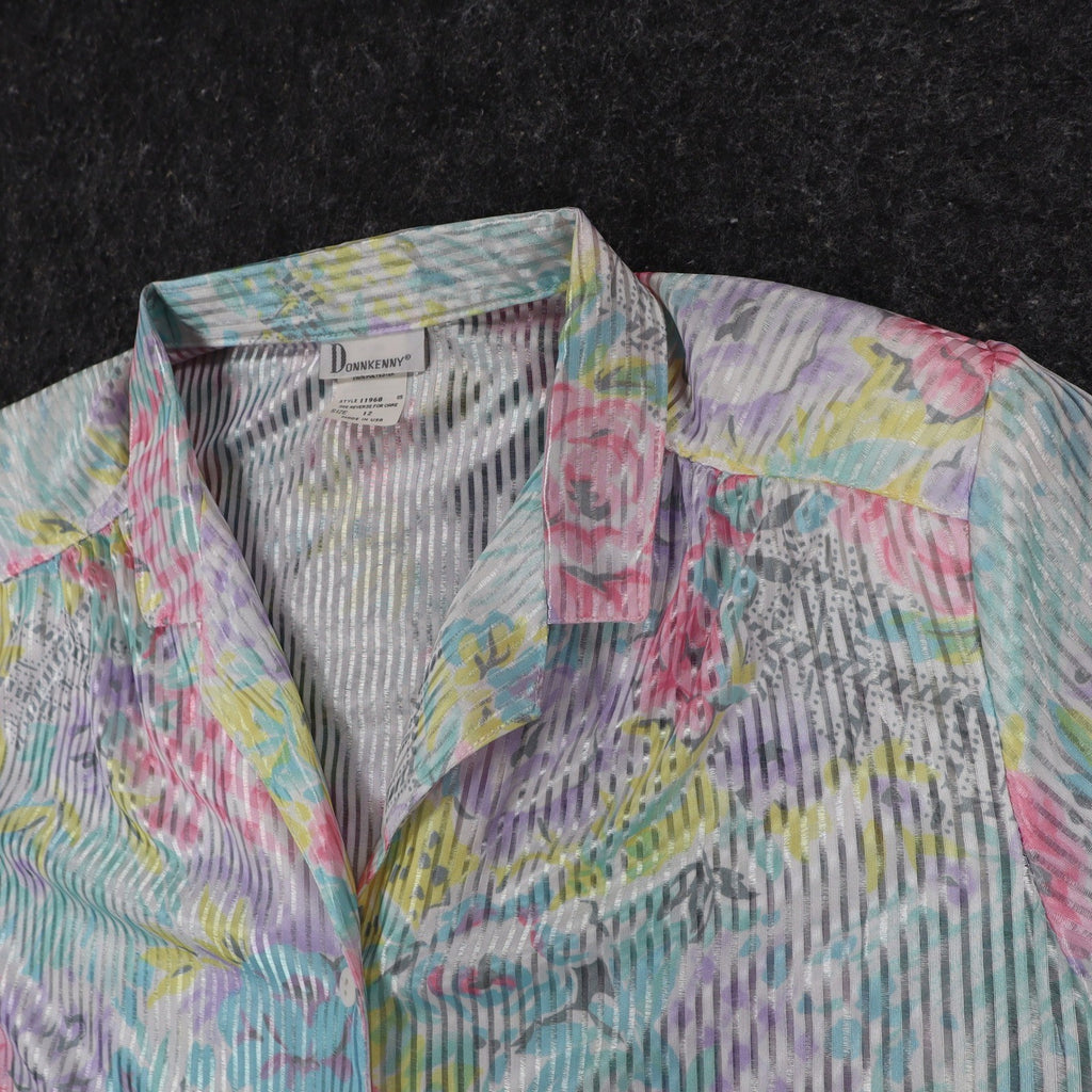 Donnkenny Blouse Womens 12 Vintage 90s Pastel Floral Sheer Stripe Button Up USA - take2supply