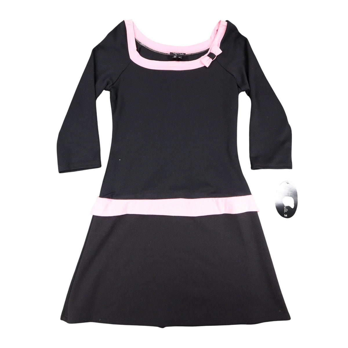 My Michelle Dress Medium Black Pink Bow 3/4 Sleeve Y2K Drop Waist NWT USA Made - take2supply