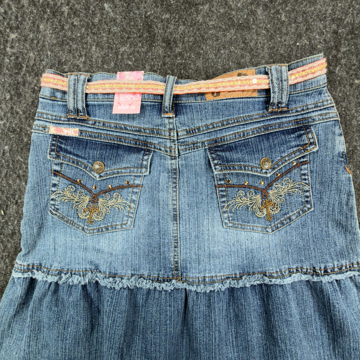 Jolt Y2K Butterfly Denim Skirt Girls 14 Blue Tiered Ruffle NWT - take2supply