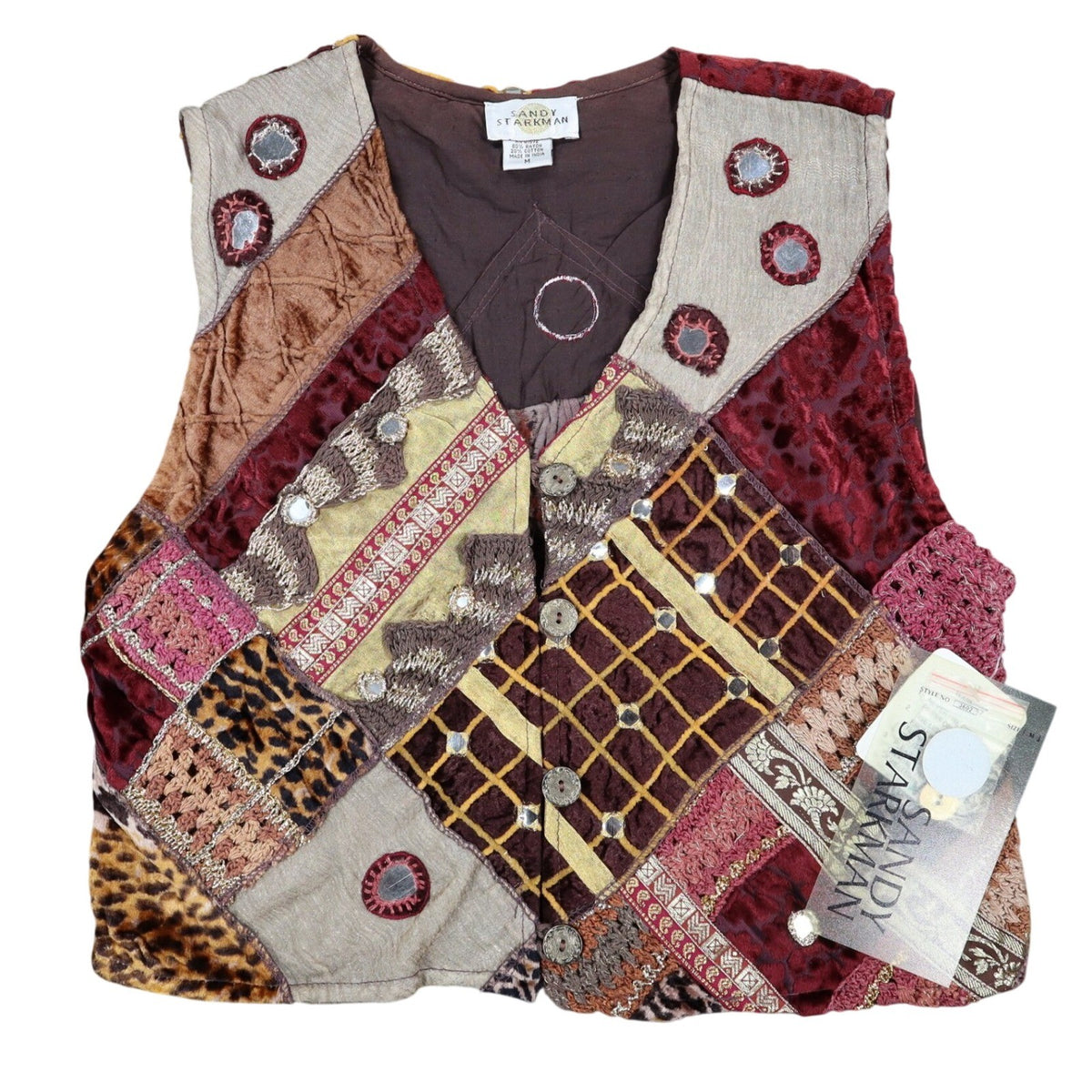 Sandy Starkman Patchwork Vest Womens M Vintage 90s Velvet Mirror Embellished New - take2supply