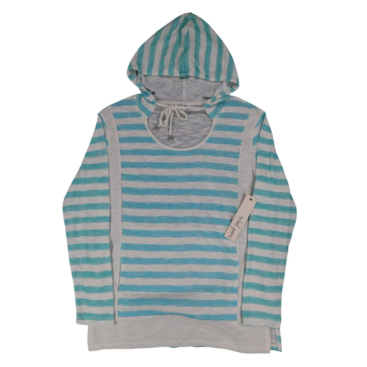 Tribal Jeans Womens S Aqua White Striped Lightweight Hooded Pullover Top NWT - take2supply