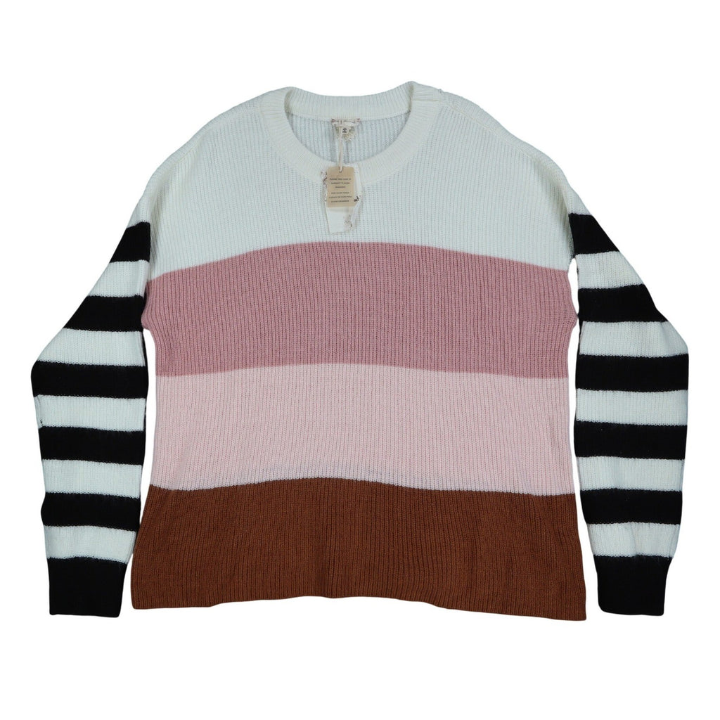 Hem & Thread Colorblock Striped Sweater Women Medium Pink Brown White Black Knit - take2supply