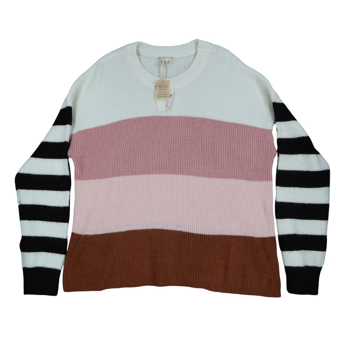 Hem & Thread Colorblock Striped Sweater Women Medium Pink Brown White Black Knit - take2supply