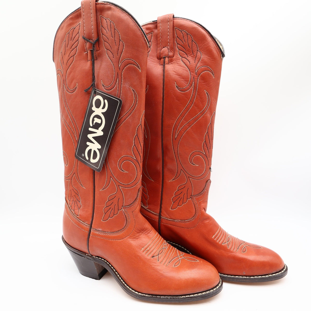 Acme Vintage 70s Western Boots Womens 6 Rust Leather Deadstock New NWT - take2supply