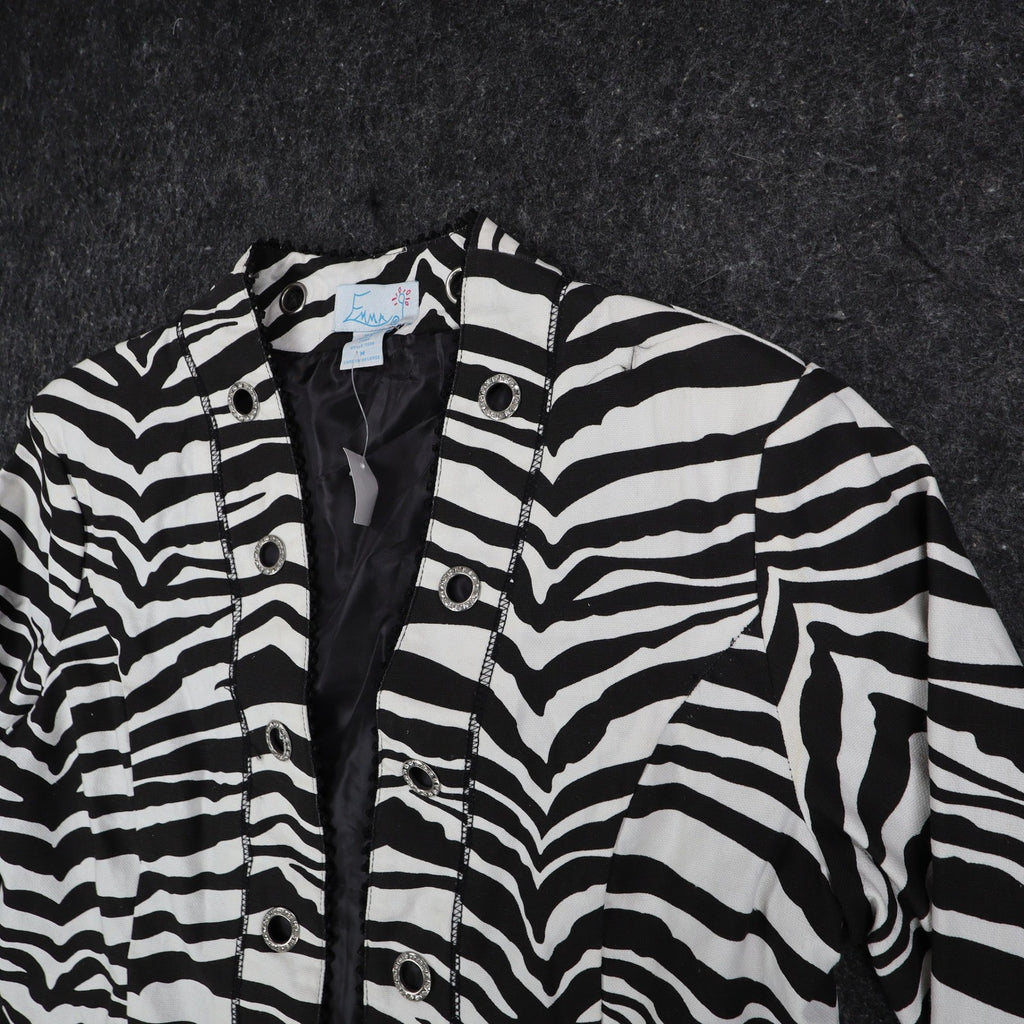 Emma J Zebra Print Jacket Womens M Y2K Black White Cotton Grommet Eyelet Trim - take2supply