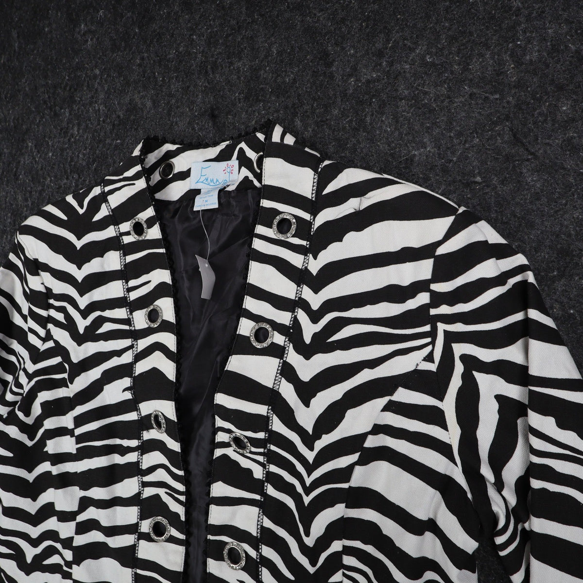 Emma J Zebra Print Jacket Womens M Y2K Black White Cotton Grommet Eyelet Trim - take2supply