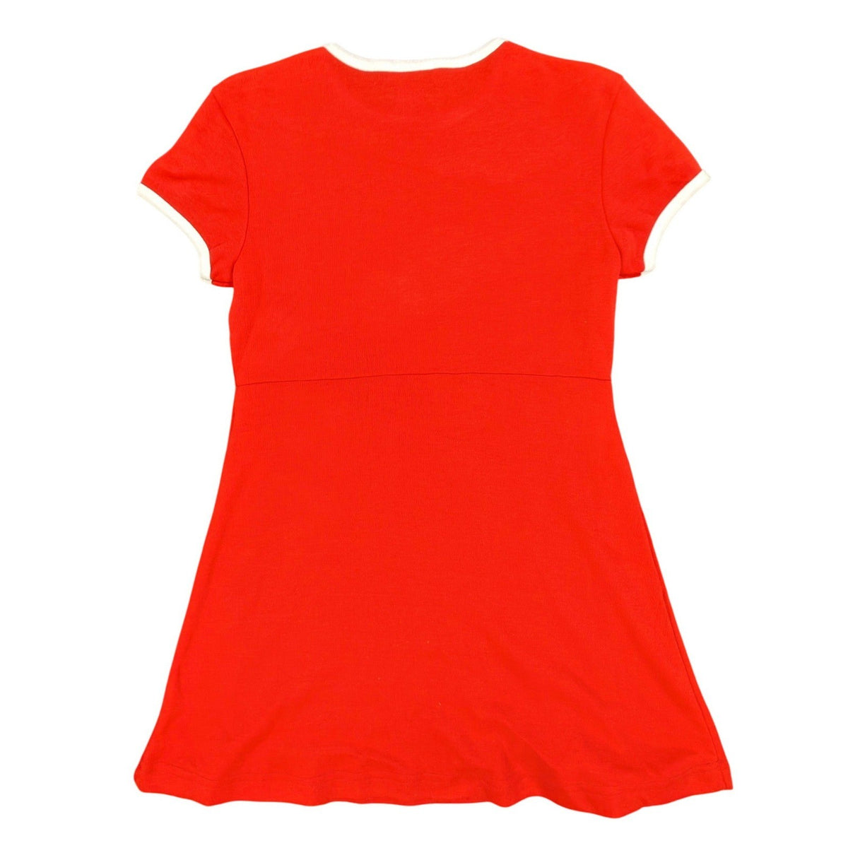 Back of a red Angel Jones dress showing waist seam and white neckline trim