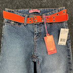 US Polo Assn Y2K Flare Jeans Girls 8 Blue Denim Stretch Belted NWT - take2supply
