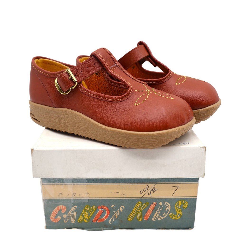 Candy Kids T-Strap Shoes Toddler 7 Vintage Brown Faux Leather USA Deadstock - take2supply