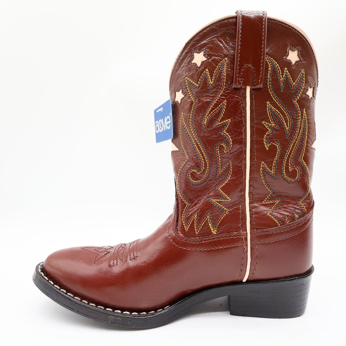 Acme Vintage Style Western Boots Kids 3 Brown Leather NWT AC146 Star Inlay - take2supply