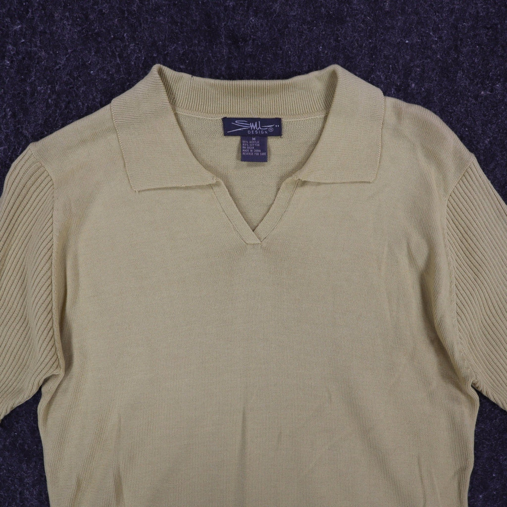 SML Design Polo Sweater Women Medium Tan Short Sleeve Cotton Blend Ribbed NWT - take2supply