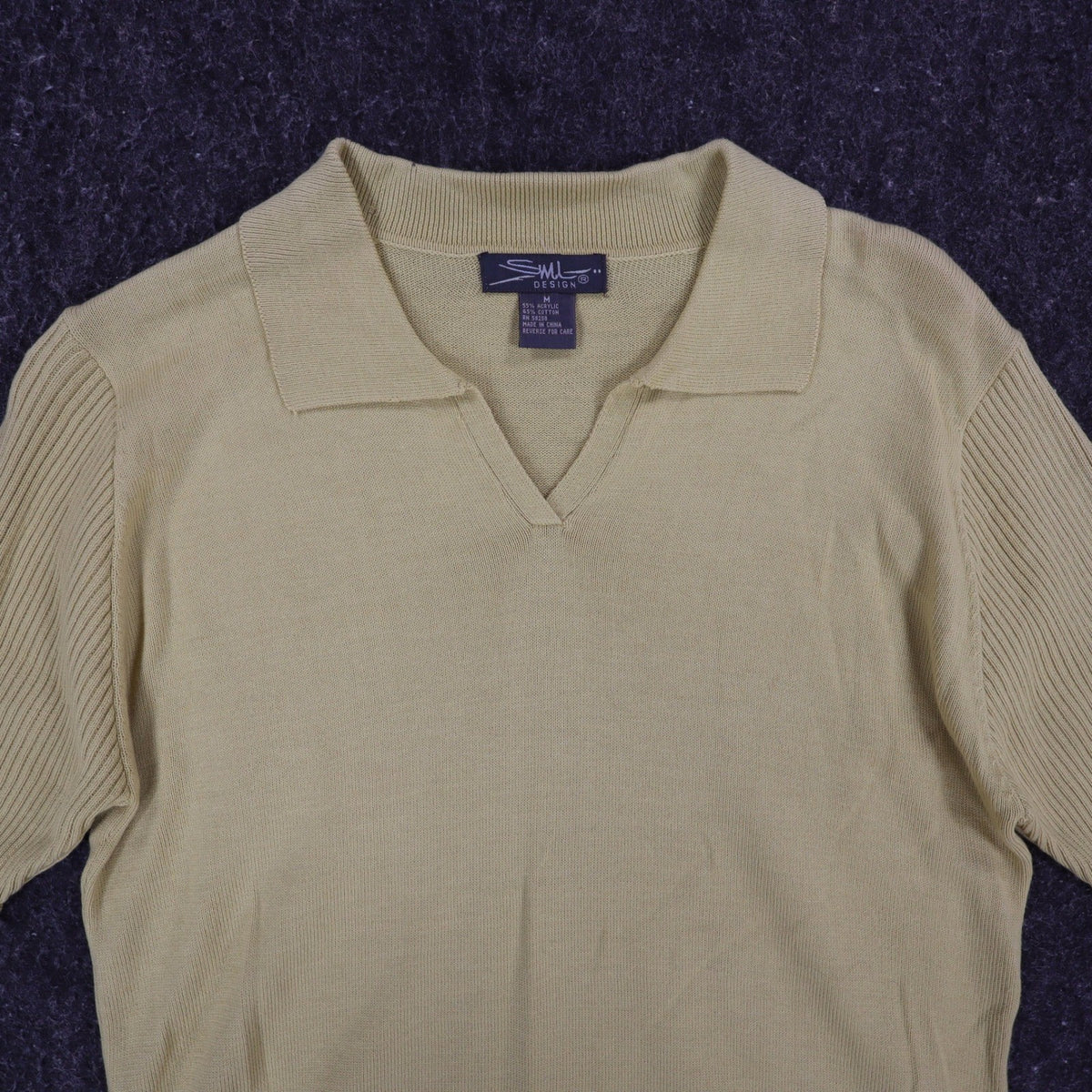SML Design Polo Sweater Women Medium Tan Short Sleeve Cotton Blend Ribbed NWT - take2supply