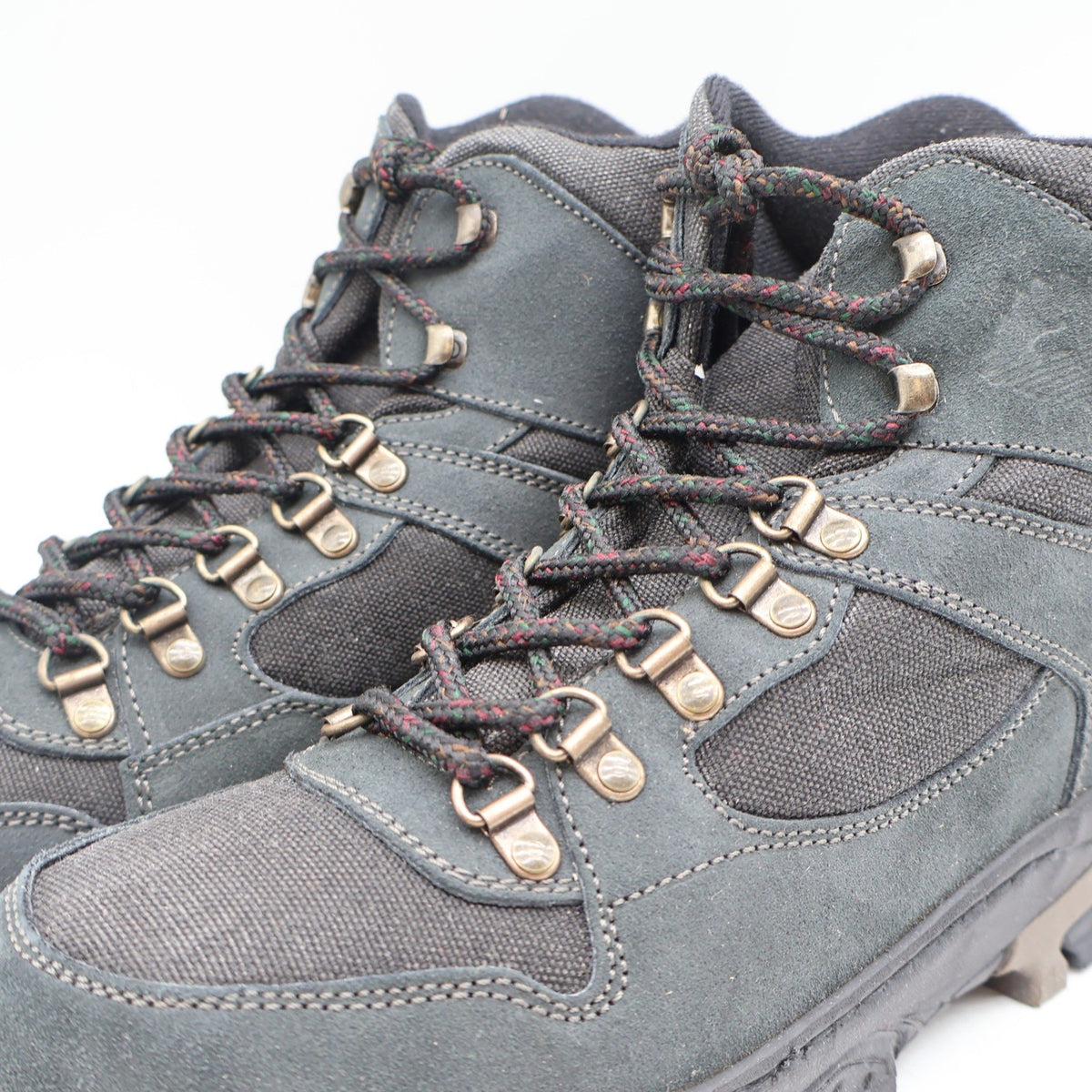 Gray Lake of the Woods hiking boots with Cordura panels, laces and metal hooks close-up