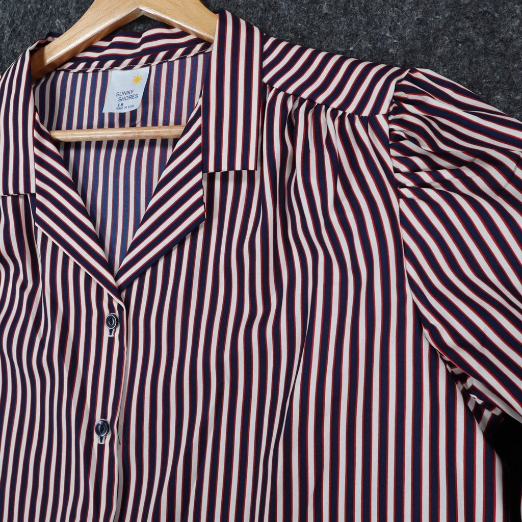 Sunny Shores Blouse Womens 18 Vintage 80s Red White Blue Striped Puff Shoulder - take2supply