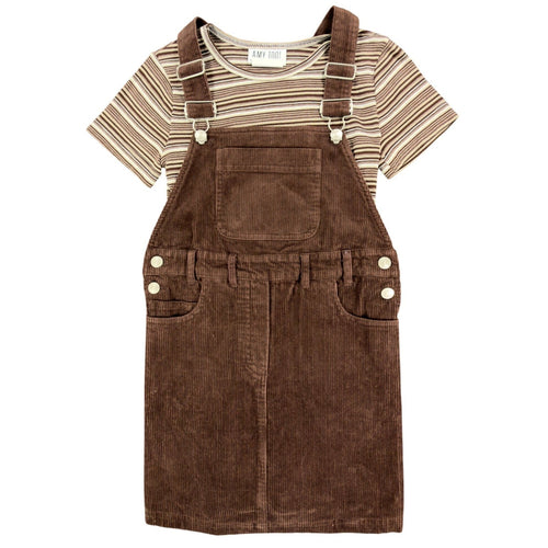 Brown Amy Too corduroy jumper dress with striped short-sleeve top, front view on hanger