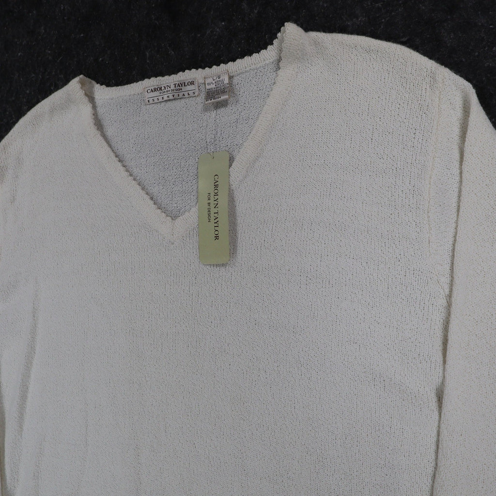 Carolyn Taylor Essentials Women Large White V-Neck Scallop Trim Knit Sweater NWT - take2supply