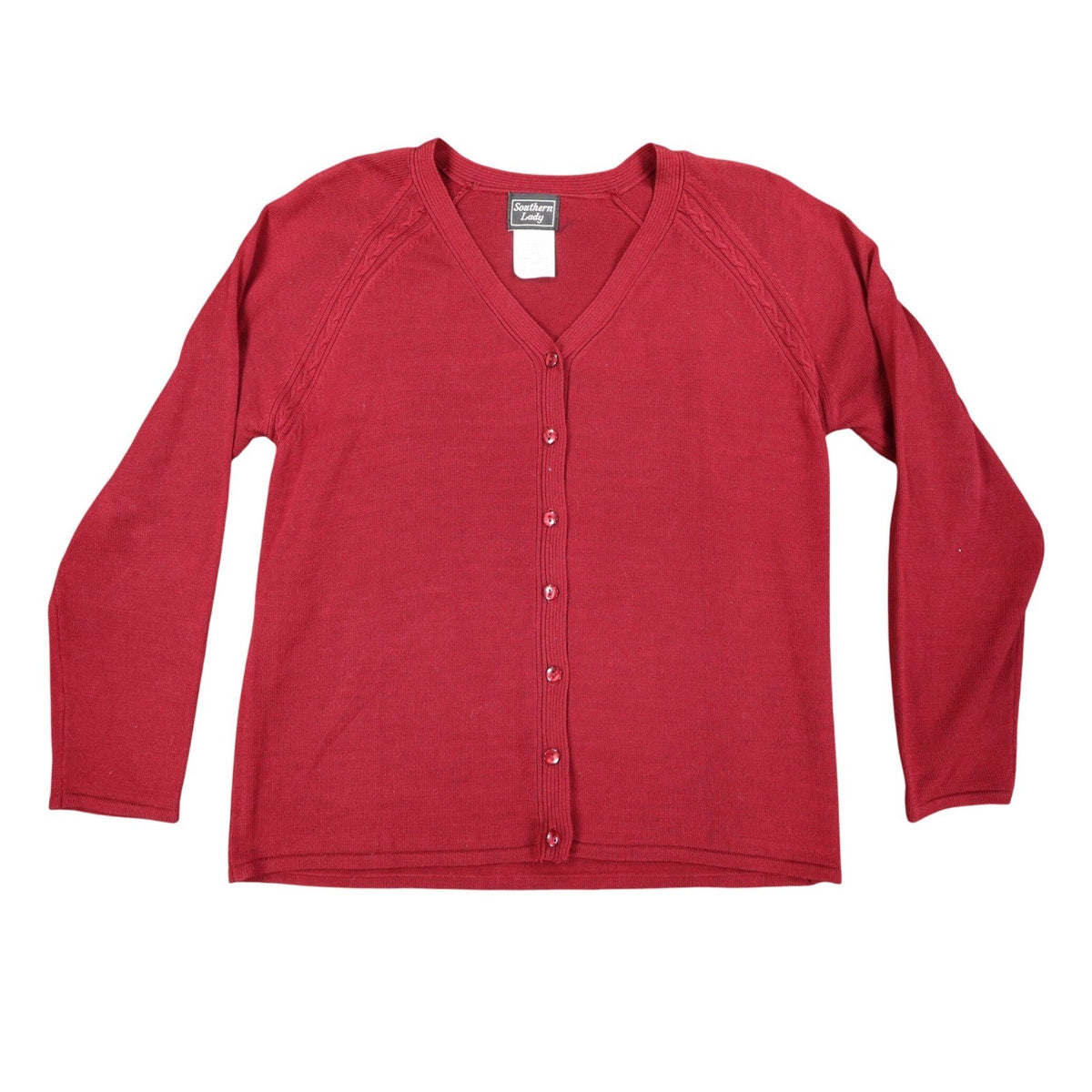Wine-red Southern Lady button-front cardigan, full front view with V-neck