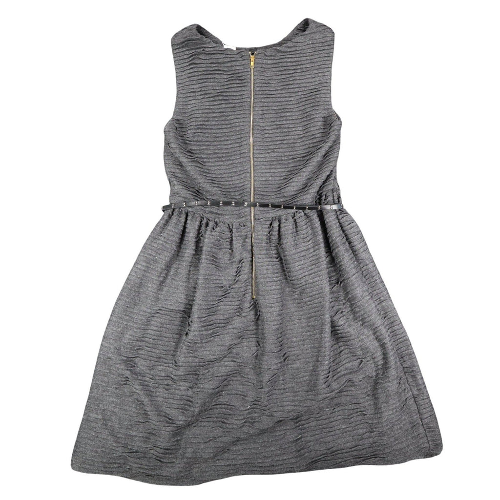 Back view of charcoal gray Esley sleeveless dress with textured pleats and a black belt