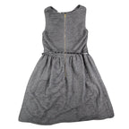 Back view of charcoal gray Esley sleeveless dress with textured pleats and a black belt