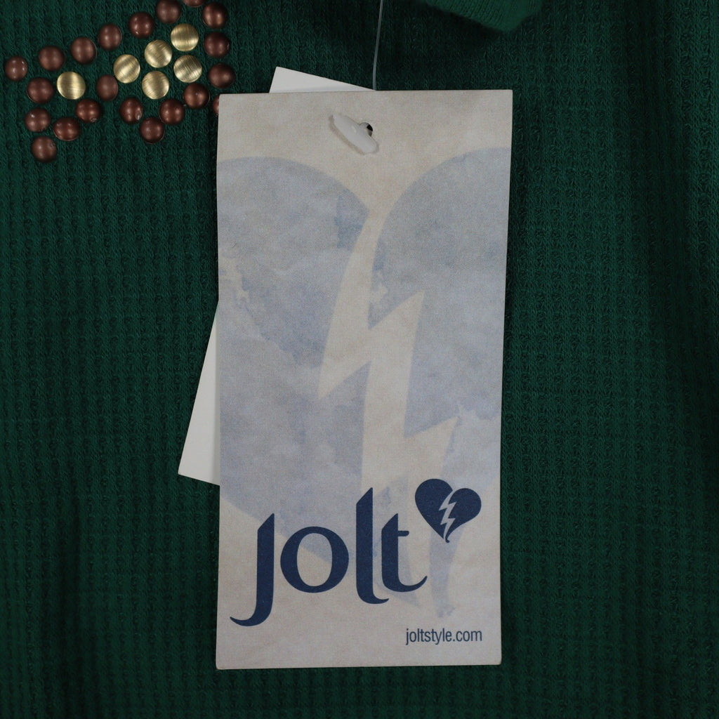 Jolt Owl Studded Thermal Top Womens Large Green Waffle Knit Raglan NWT - take2supply