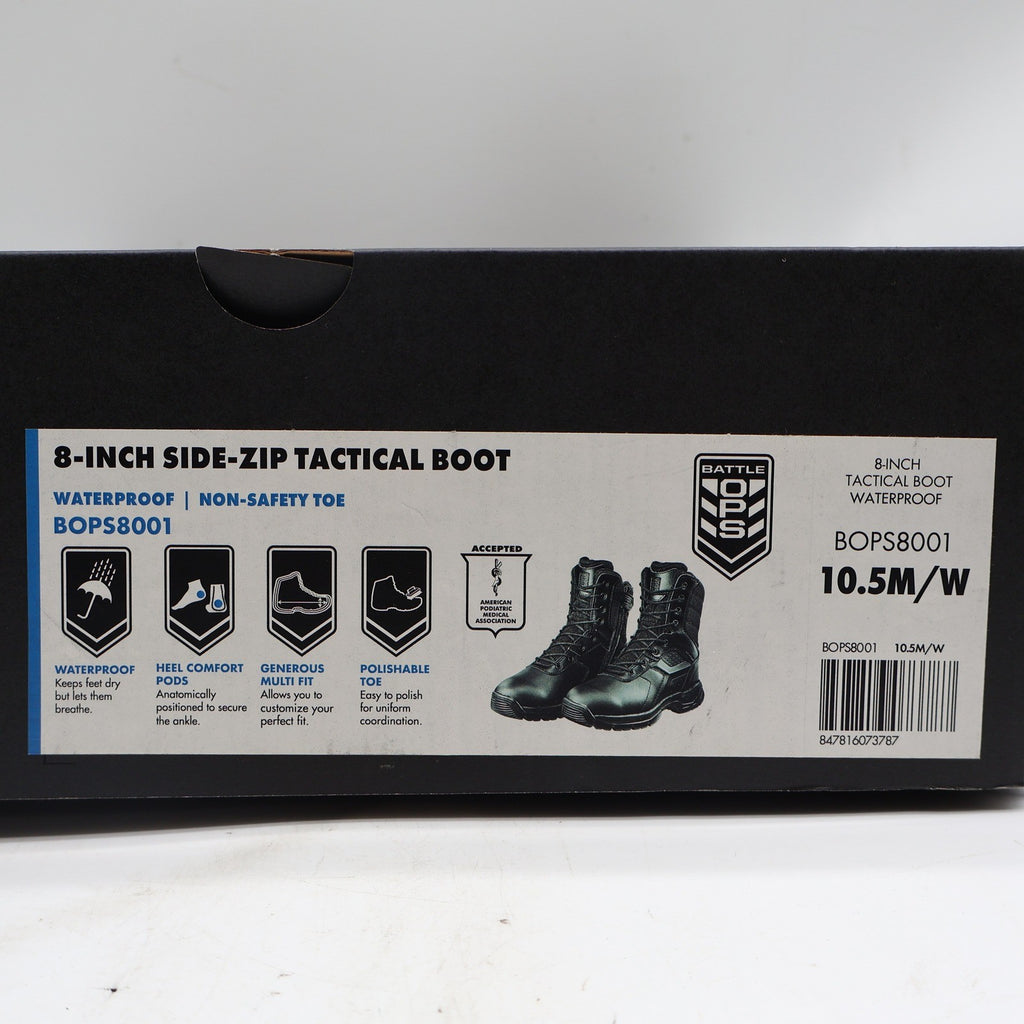 Battle Ops Tactical Boot Mens 10.5 Waterproof Side Zip Black Leather BOPS8001 - take2supply