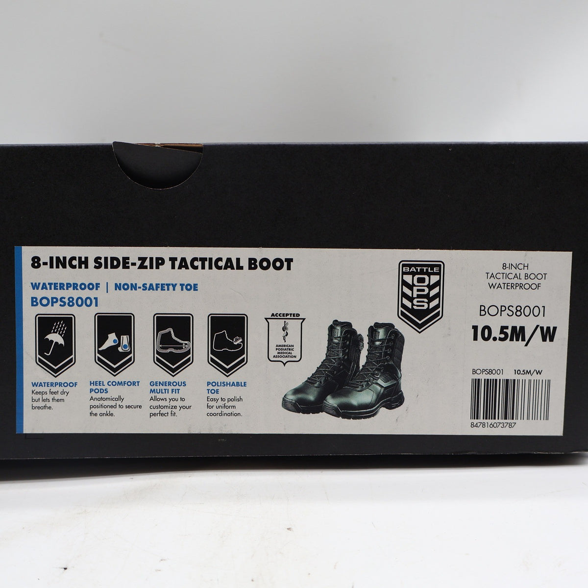 Battle Ops Tactical Boot Mens 10.5 Waterproof Side Zip Black Leather BOPS8001 - take2supply