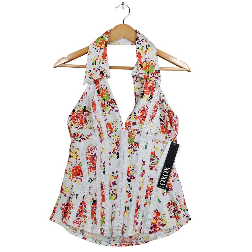XOXO Halter Top Womens Medium Y2K White Floral Cotton Pleated Smocked NWT - take2supply