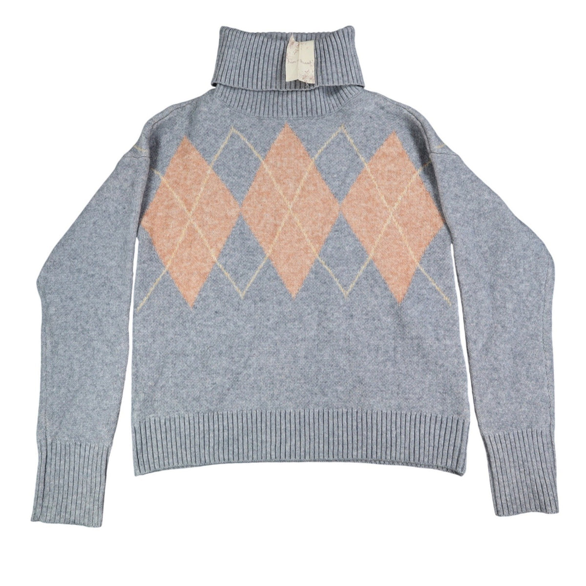 Gray and peach Hem & Thread argyle turtleneck sweater, full view with neck hangtag