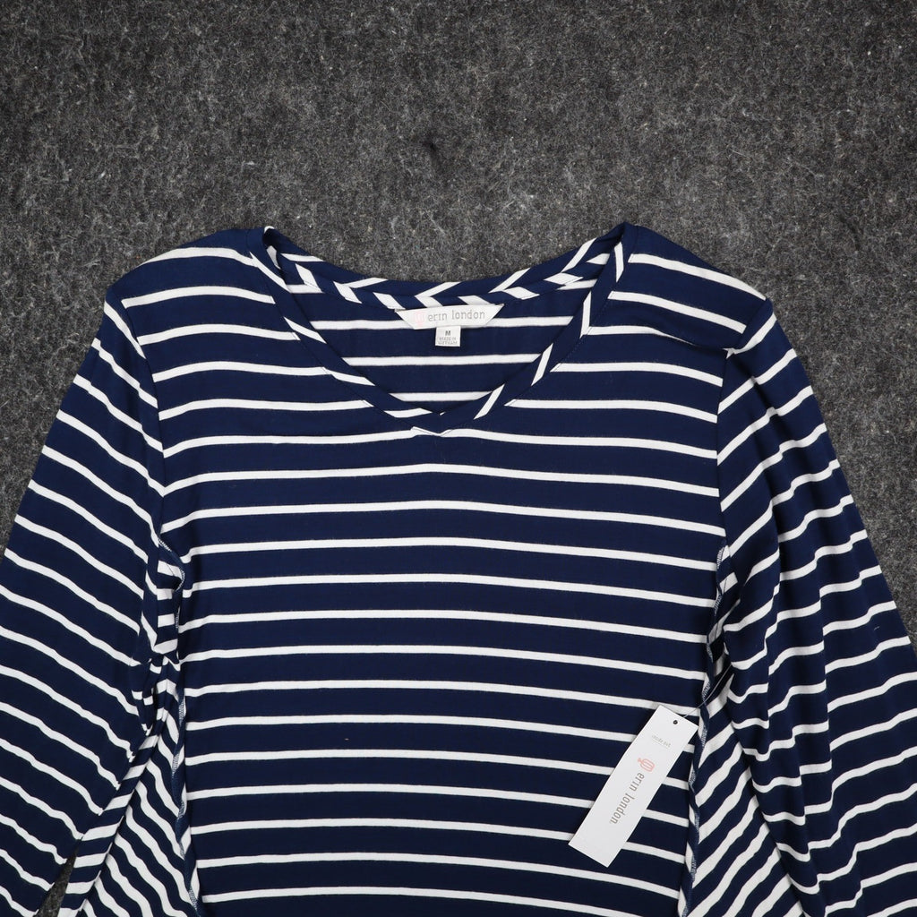 Erin London Tunic Top Womens Medium Navy Blue White Striped Sharkbite Hem NWT - take2supply