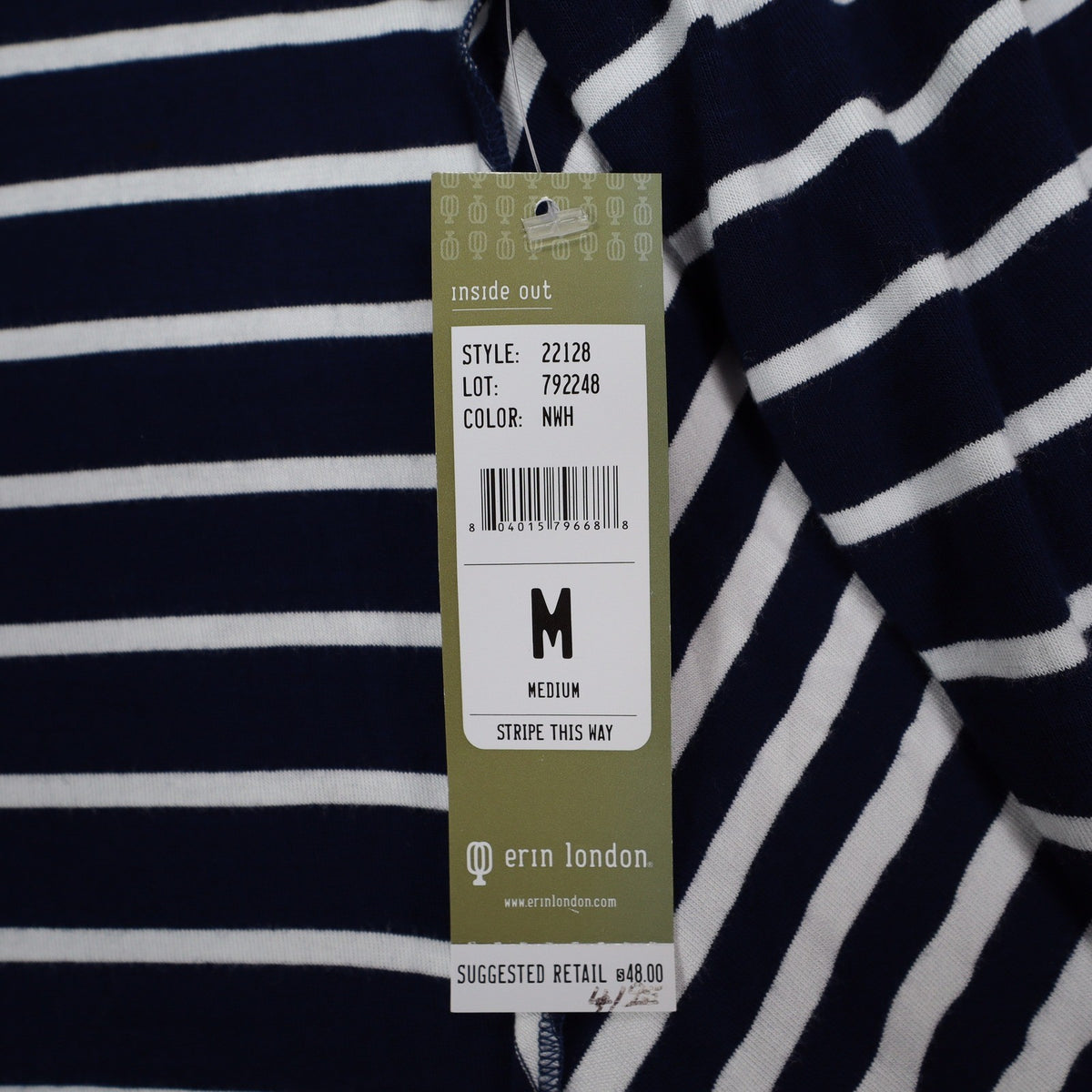 Erin London Tunic Top Womens Medium Navy Blue White Striped Sharkbite Hem NWT - take2supply