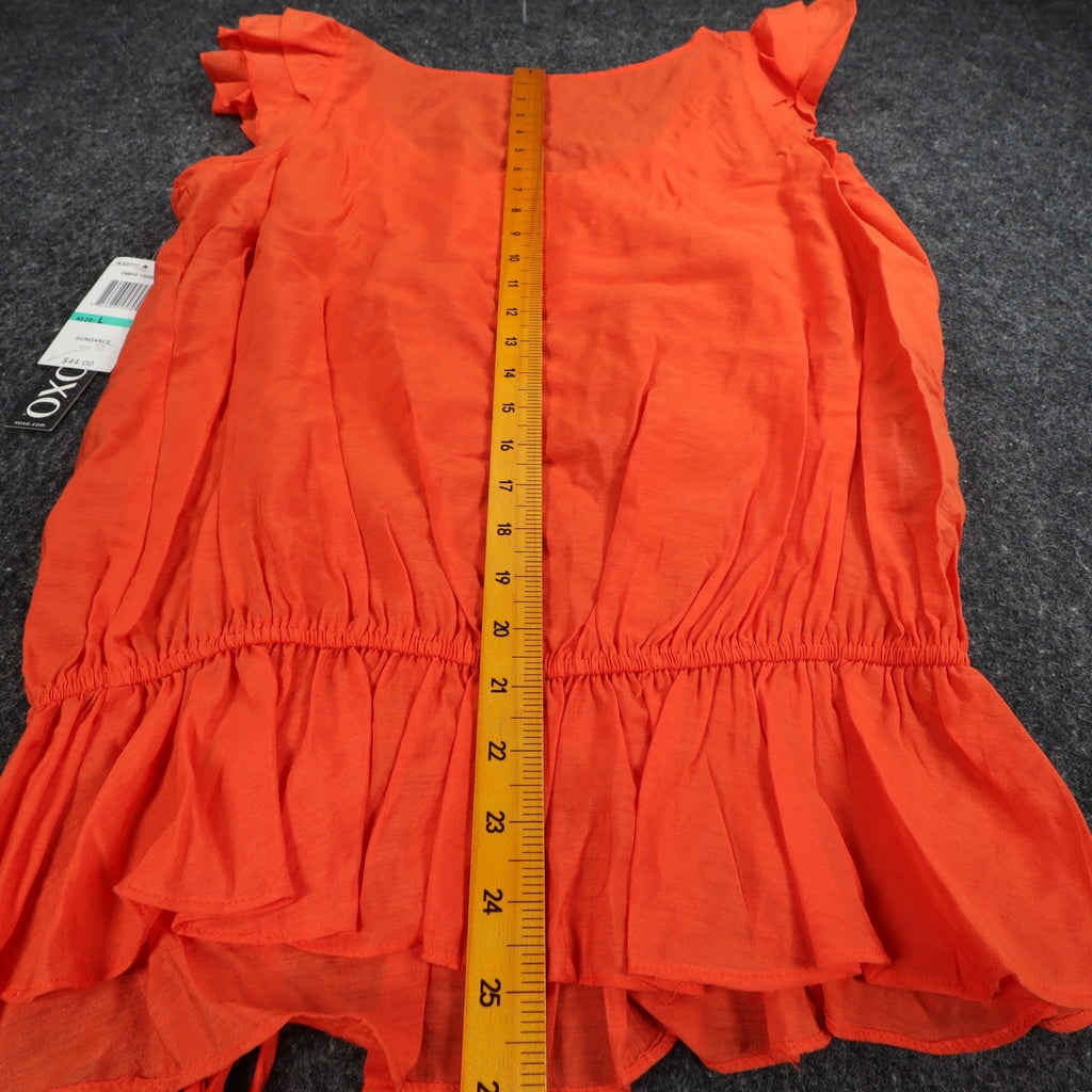 XOXO Blouse Womens L Orange Rayon Crochet Lace Ruffle Cap Sleeve Smocked Top NEW - take2supply