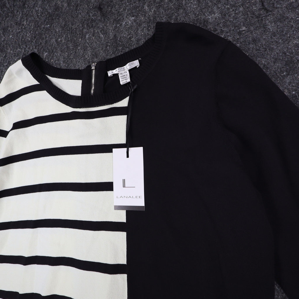 Lanalee Sweater Womens XL/1X Black White Striped Colorblock Back Zip Cotton Knit - take2supply