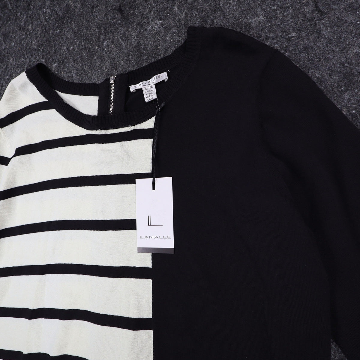 Lanalee Sweater Womens XL/1X Black White Striped Colorblock Back Zip Cotton Knit - take2supply