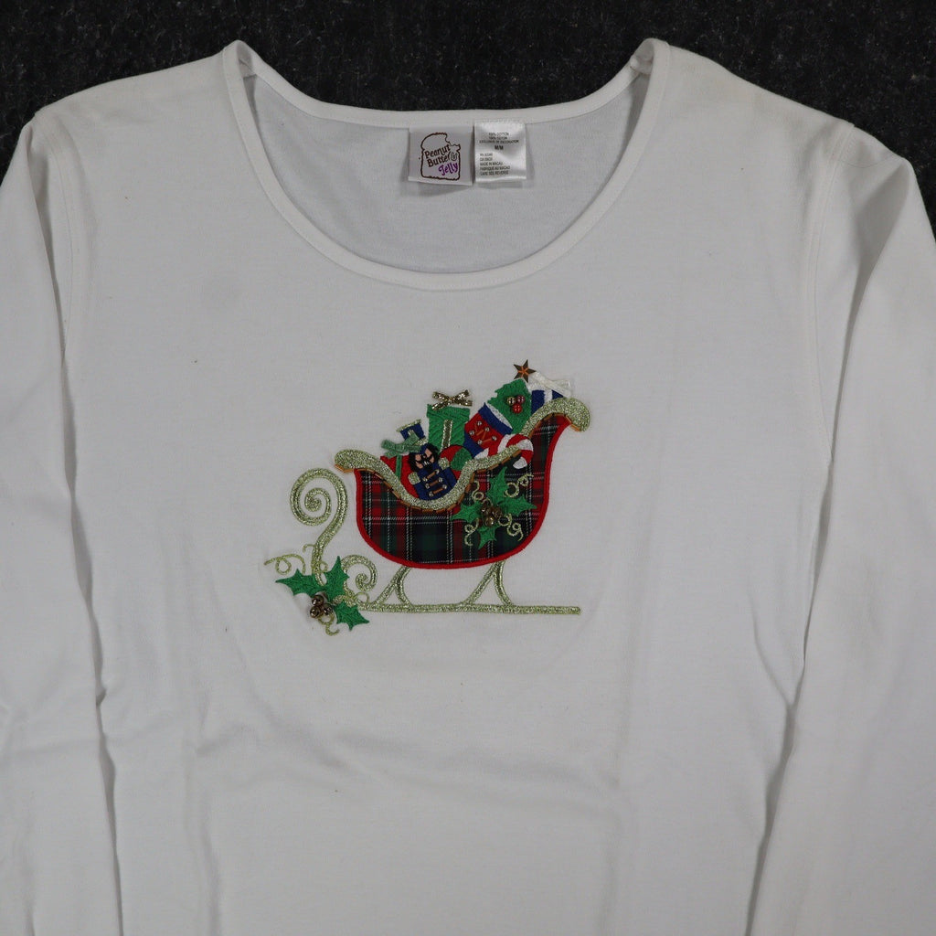 Peanut Butter & Jelly Shirt Womens Medium White Holiday Christmas Sleigh Beaded - take2supply