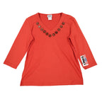 Links 3/4 Sleeve V-Neck Top Small Vintage Y2K Red Beaded Embellished - take2supply